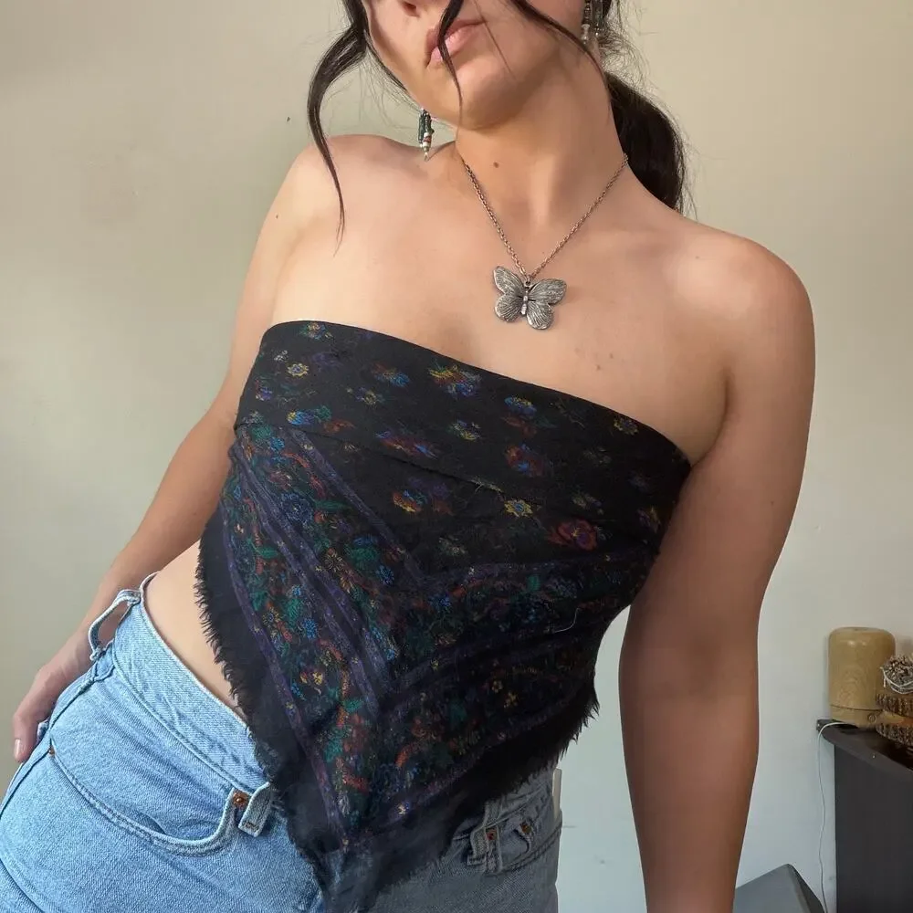 Vintage 90s Black Floral Square Bandana Scarf